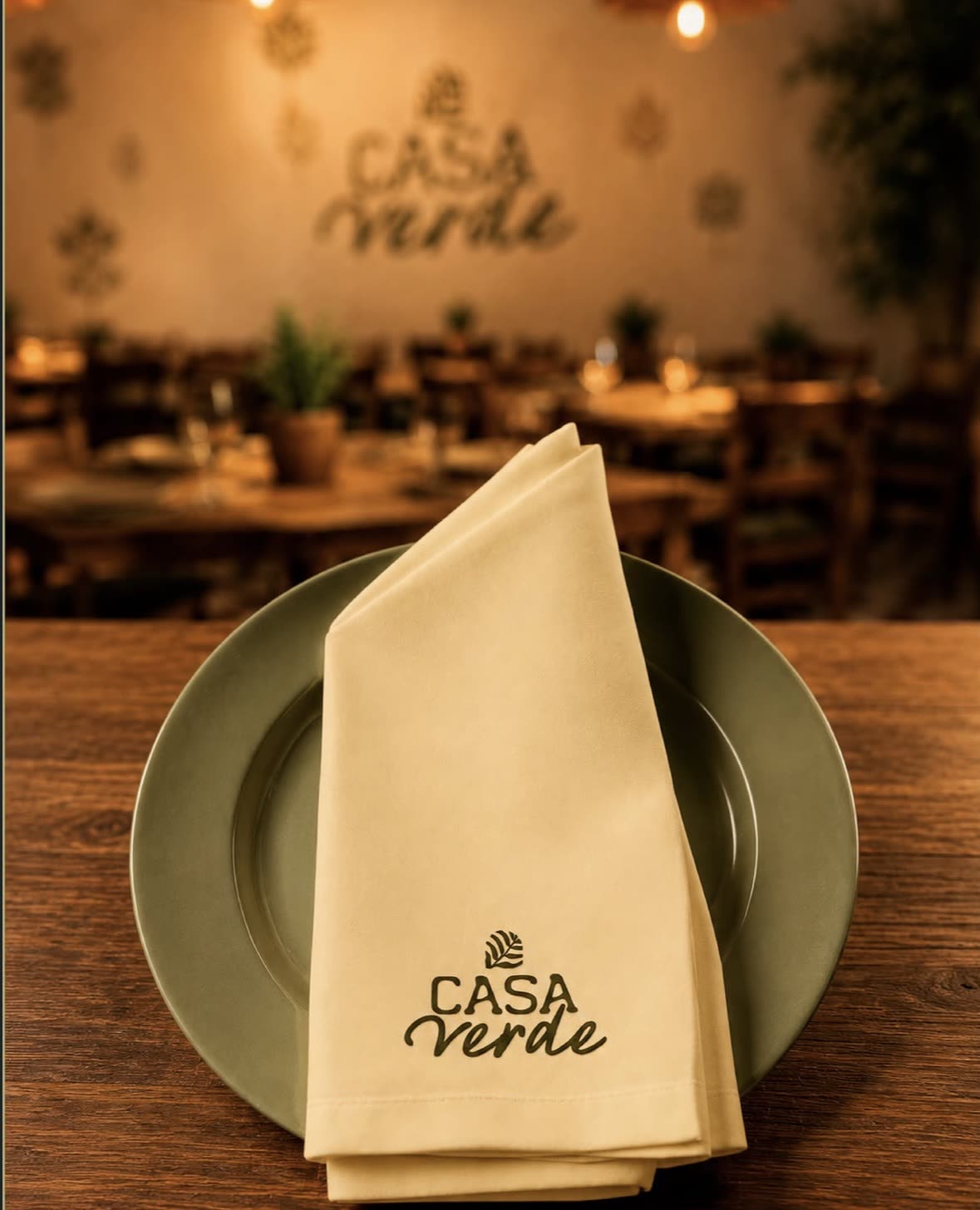 A Casa Verde napkin set at a table, dining room glowing behind it